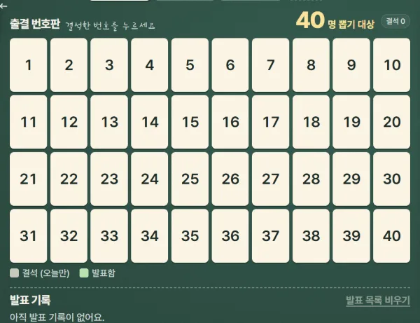 칠판 화면의 출결 번호판에 1번부터 40번까지 번호 칸이 놓이고, 아래에 발표 기록 칸이 있는 모습