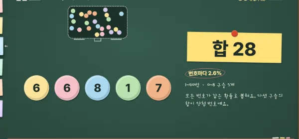 3·1·0·7·7이 적힌 구슬 다섯 개와 「합 18」 메모지, 「번호마다 2.5%」 안내가 보이는 로또 화면