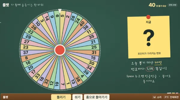 1부터 28까지 번호가 같은 크기 칸으로 나뉜 알록달록한 룰렛 원판과 위쪽 포인터, 오른쪽에 「지금 ?」 메모지와 「돌리기 · 룰렛을 드래그 · Space」 안내